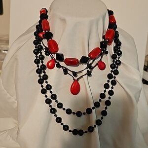 3 Black & Red Acrylic Beads, Cord & Goldtone 17" to 44" Necklaces